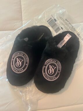 Victoria's Secret Black Faux Fur Slide Slippers with Embroidered Logo
